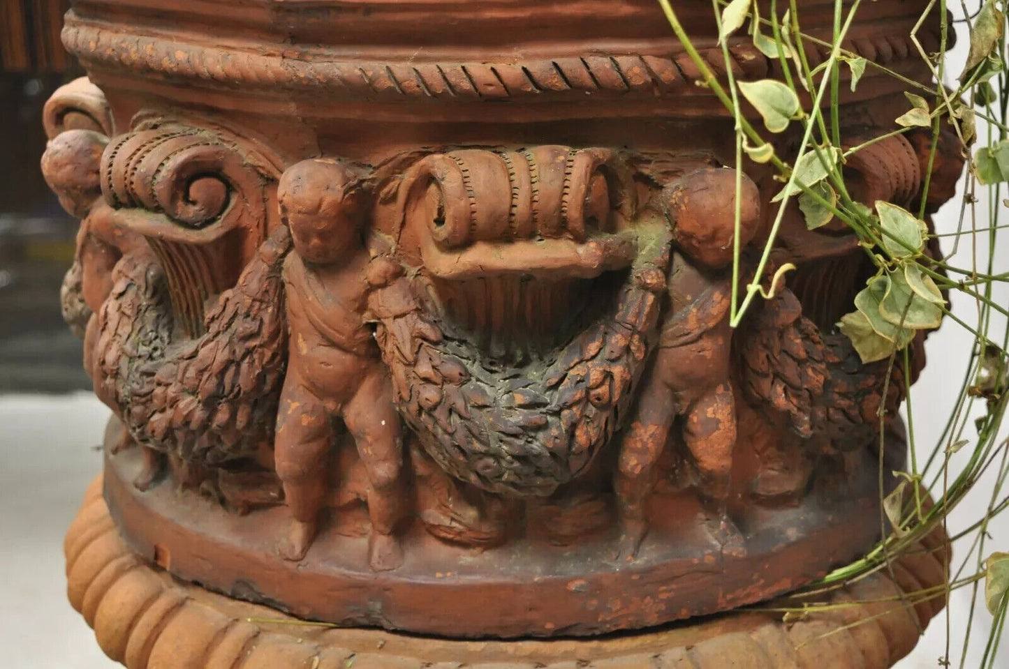 Antique Neoclassical Terracotta Garden Pedestal Planter Pot with Cherub Figures