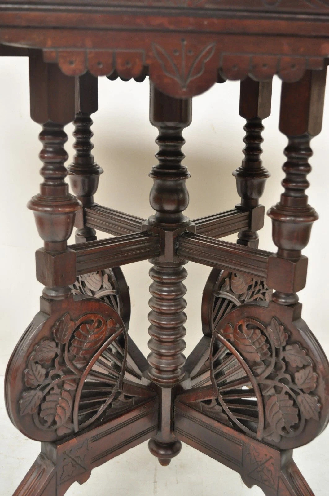 Antique Eastlake Victorian Floral Carved Walnut Marble Top Parlor Side Table