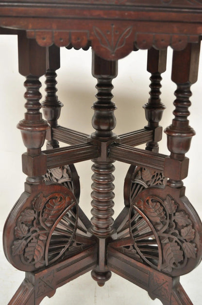Antique Eastlake Victorian Floral Carved Walnut Marble Top Parlor Side Table