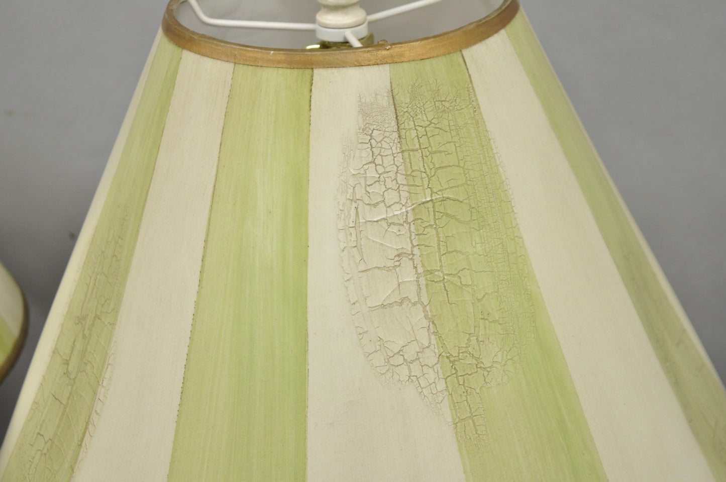 French Country Cream & Green Distressed Tole Metal Cylinder Table Lamps - a Pair