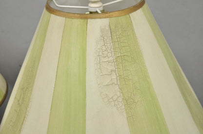 French Country Cream & Green Distressed Tole Metal Cylinder Table Lamps - a Pair