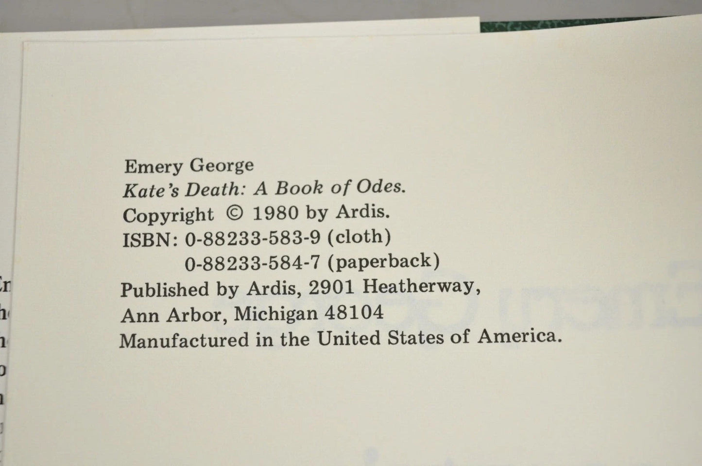 Kate's Death: Poems by Emery George 1980 Ardis Hardcover Book NOS