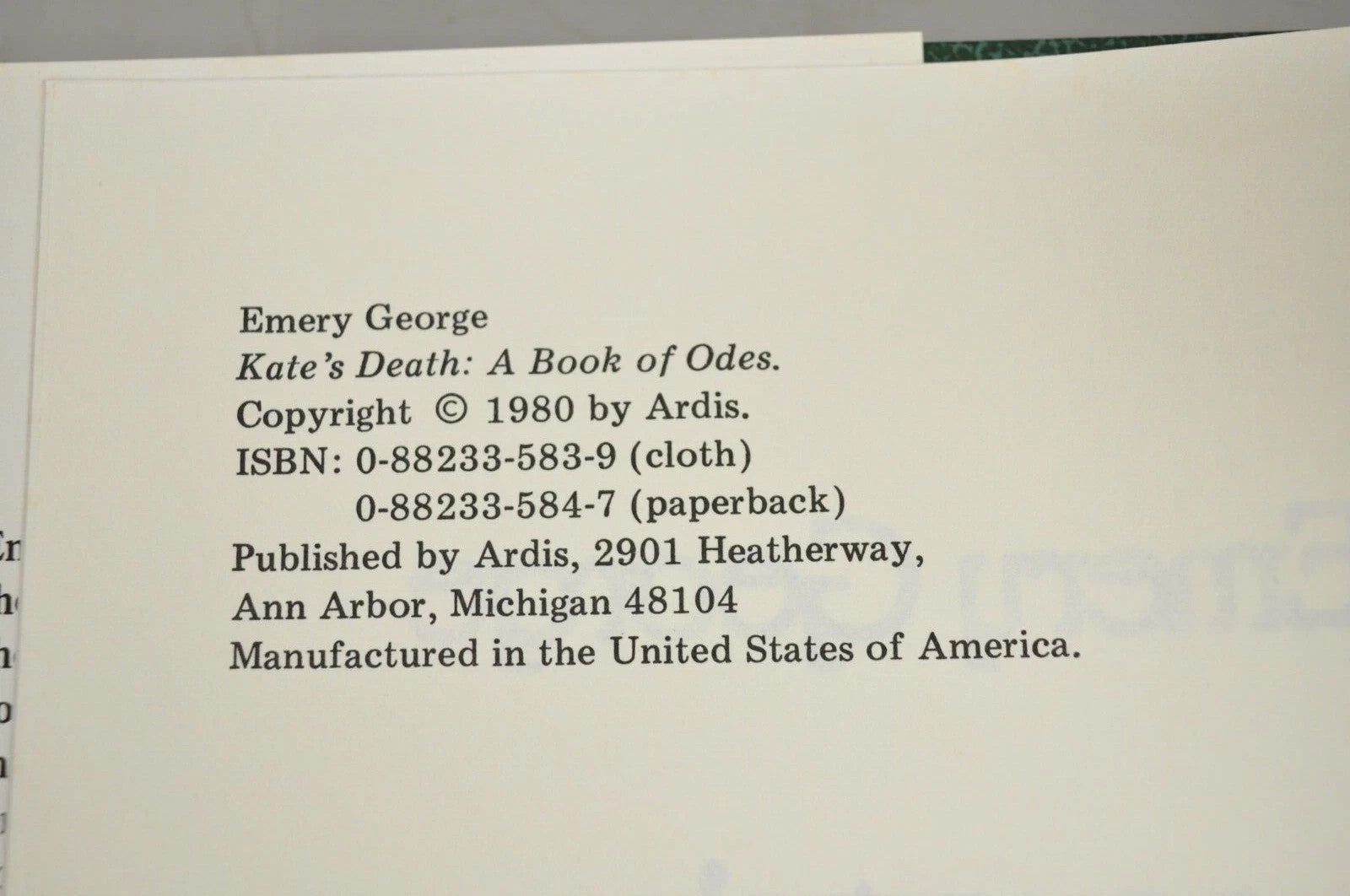 Kate's Death: Poems by Emery George 1980 Ardis Hardcover Book NOS