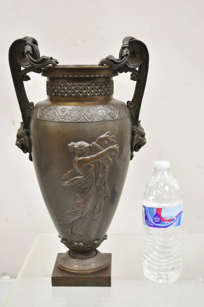 19th C Alfred Daubree French Neoclassical Bronze Figural Urn Vase with Lions
