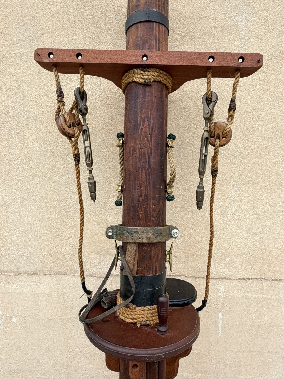 Vintage Custom Nautical Wood 95" Ship Mast Mancave Bar Island w Pulley & Ropes