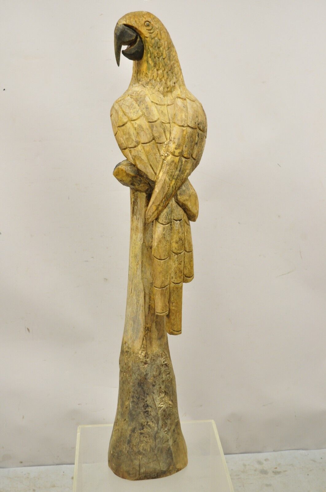 Large 46" Vintage Carved Wood Perched Parrot Bird Statue Sculpture