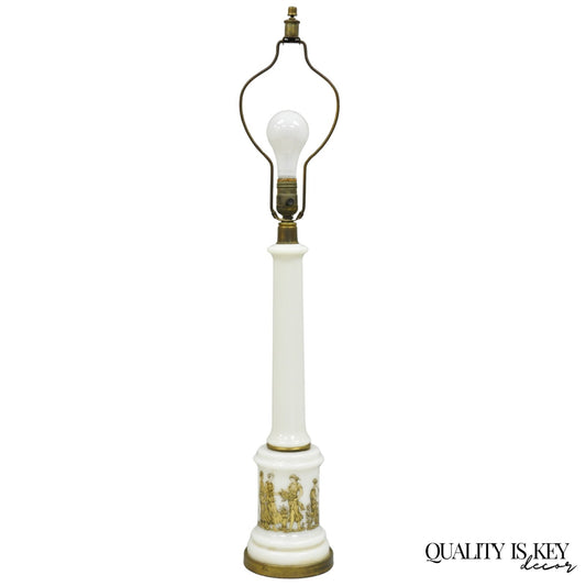 Vintage Italian Neoclassical Style White Milk Glass Empire Column Table Lamp