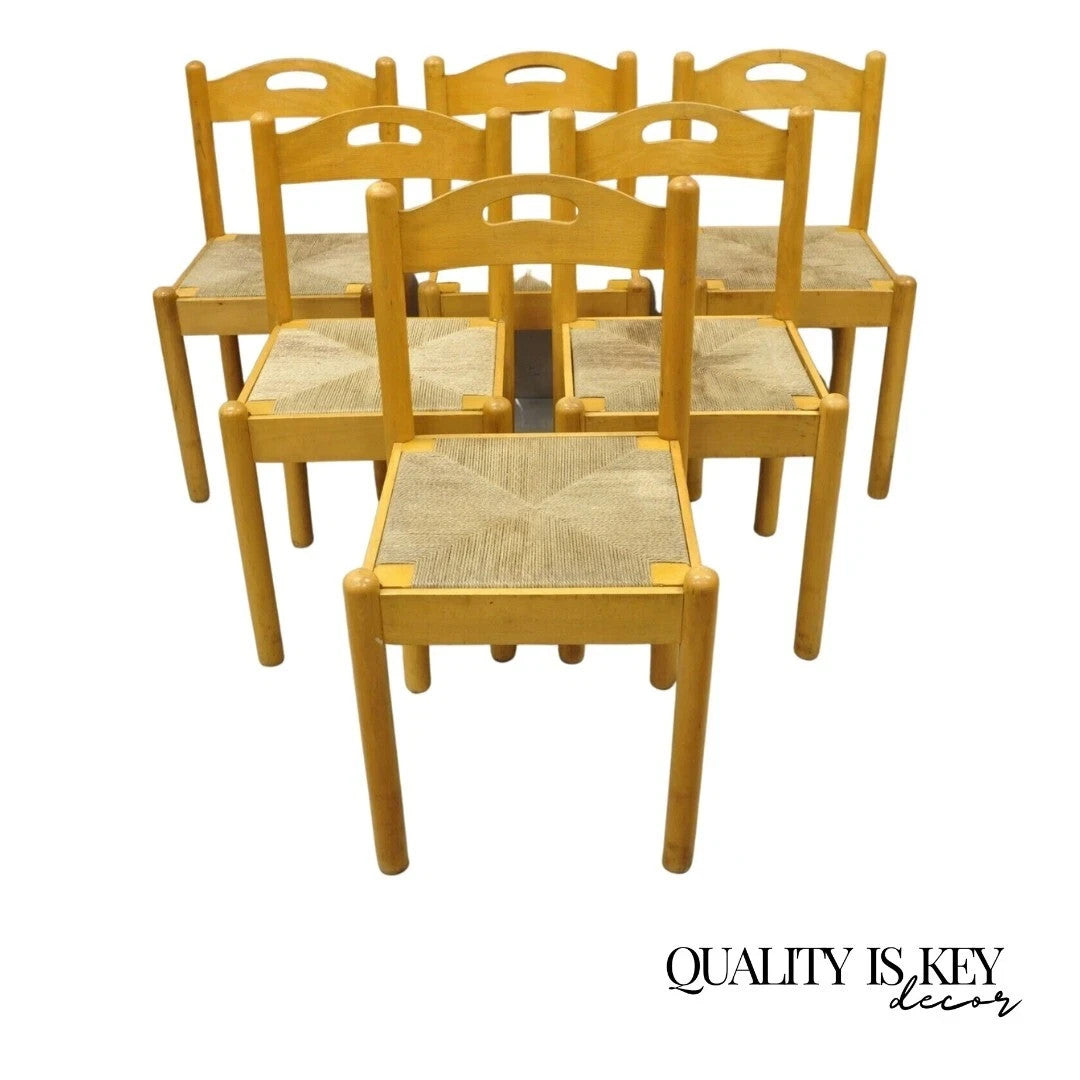 Mid Century Modern Birch Maple Bentwood Woven Rush Dining Chairs - Set of 6