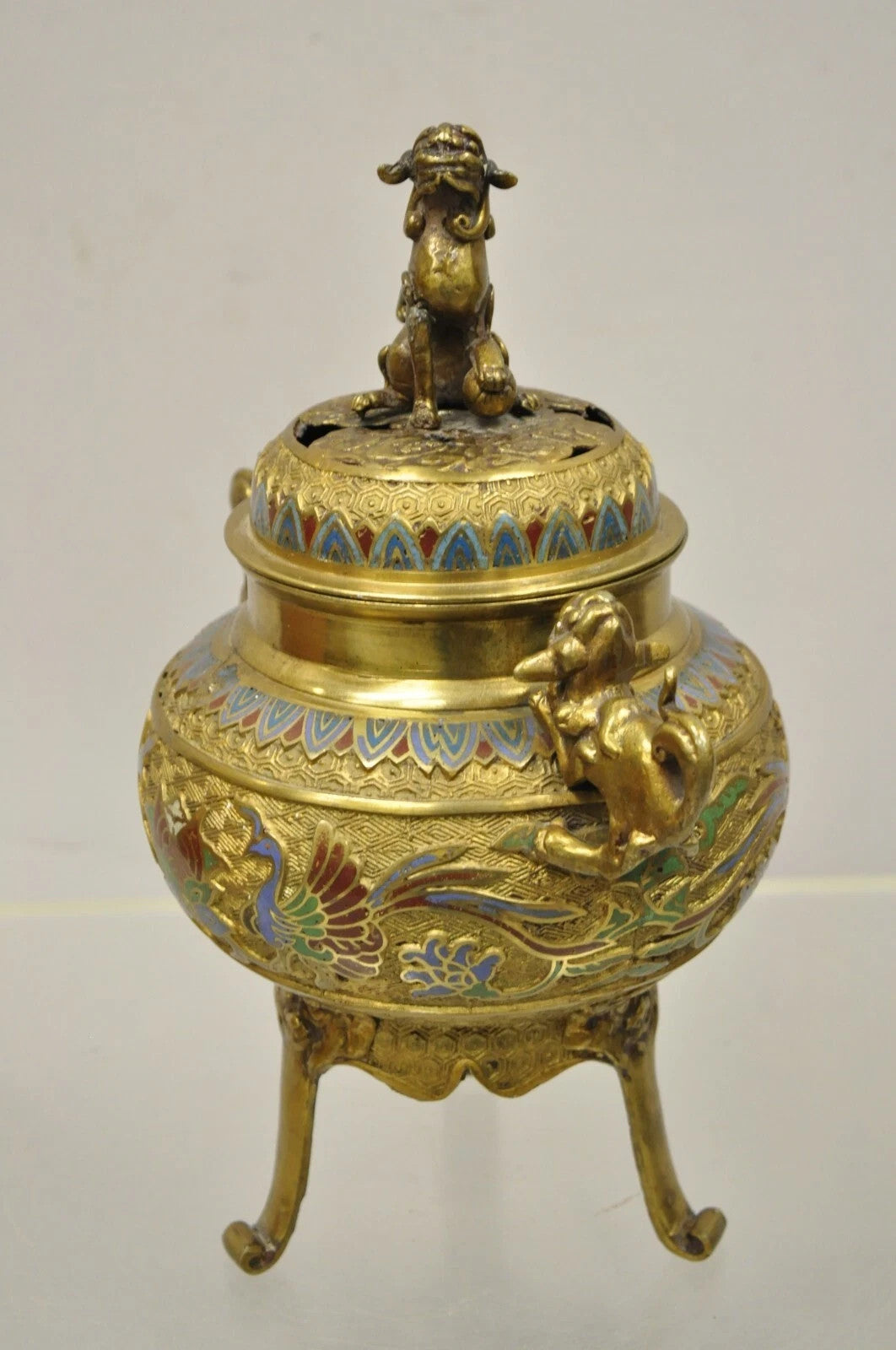 Vintage Japanese Cloisonne Enamel Champleve Bronze Foo Dog Incense Burner