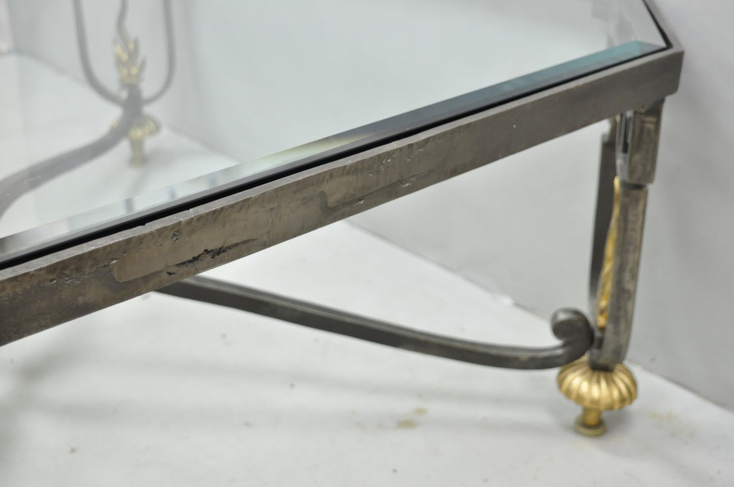 Vintage French Neoclassical Large Wrought Iron & Glass "Flame" Coffee Table