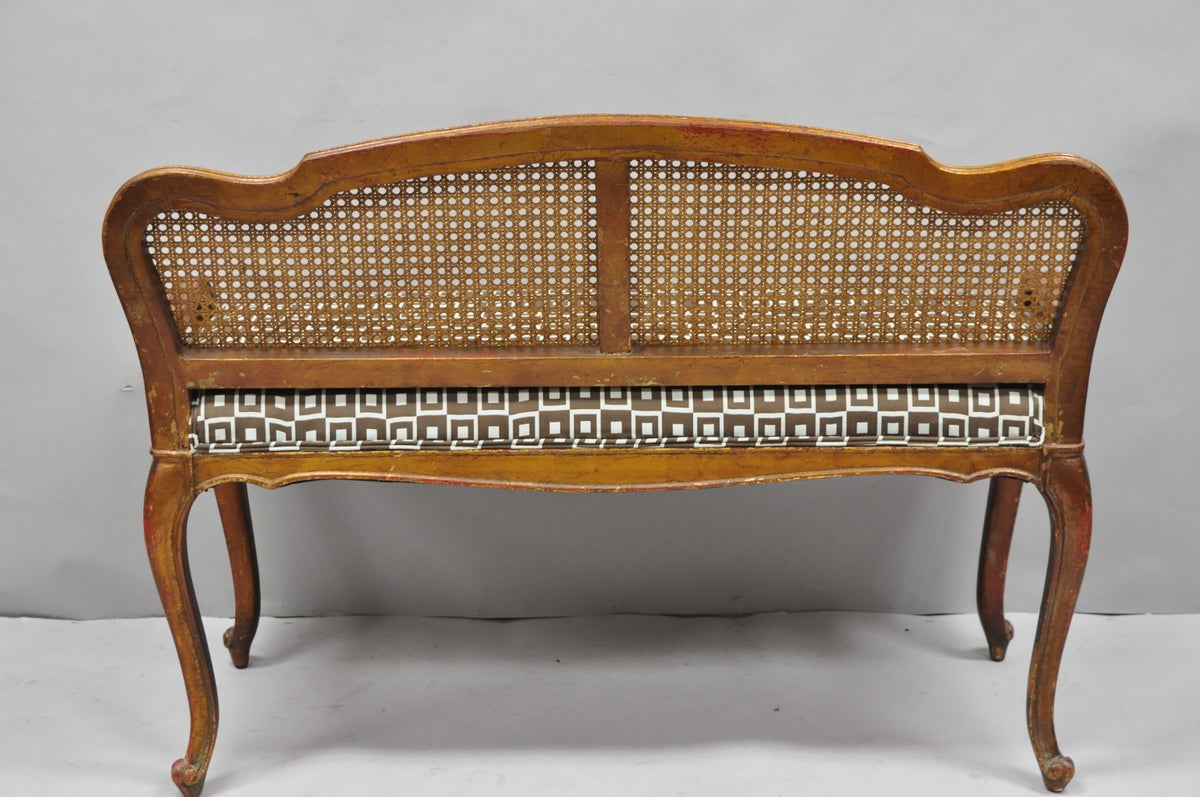 Vintage French Louis XV Style Distressed Gold Gilt Cane Back Vanity Bench Seat