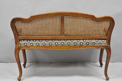 Vintage French Louis XV Style Distressed Gold Gilt Cane Back Vanity Bench Seat