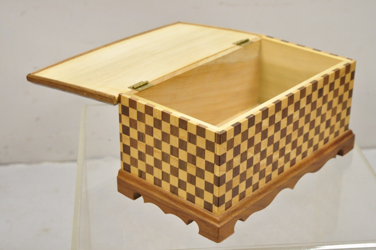Arts & Crafts Mahogany Wood Checkerboard Inlay Handmade Trinket Jewelry Box