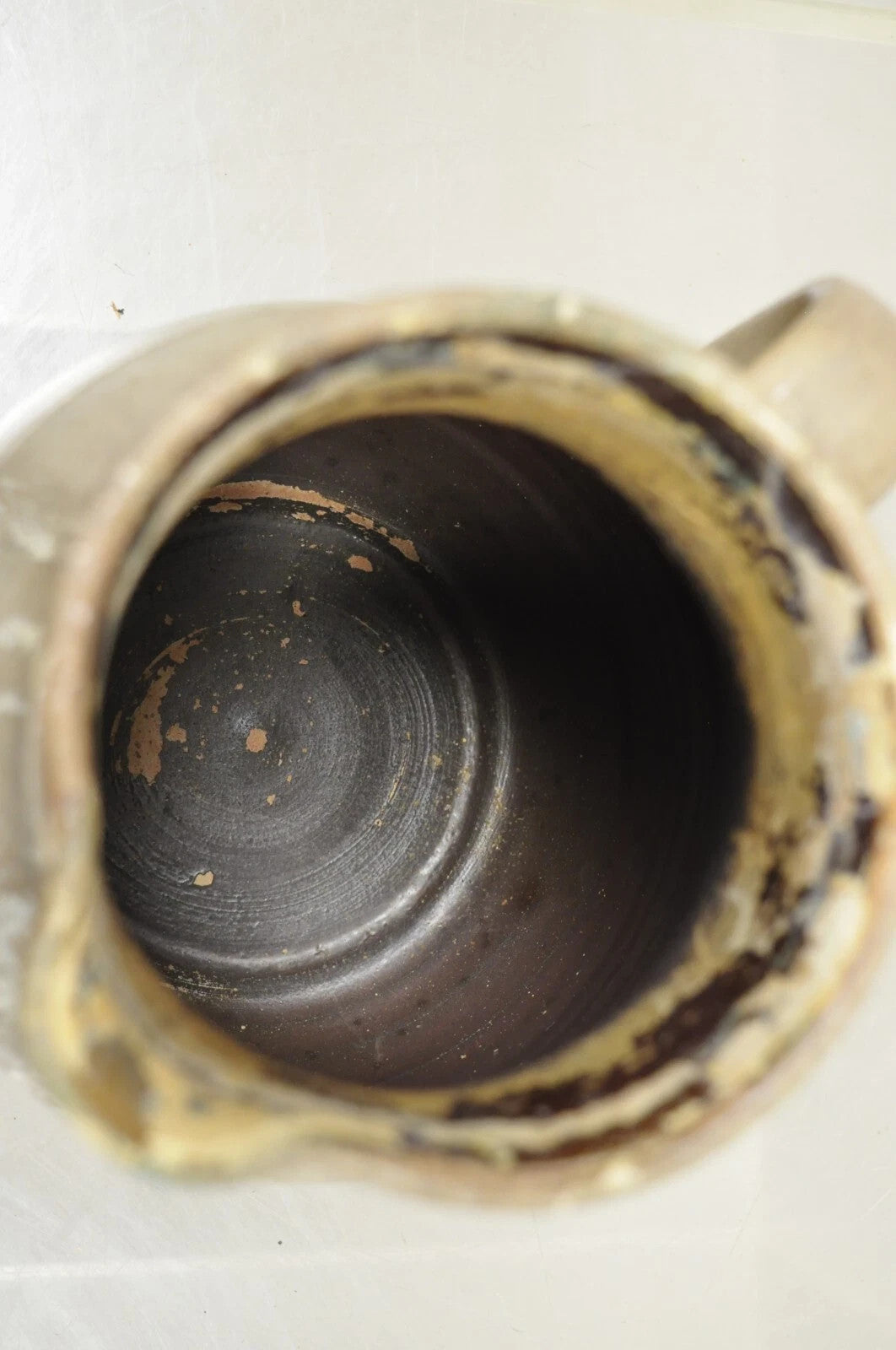 Antique Primitive Stoneware Salt Glazed 8" Bulbous Water Pitcher with Handle