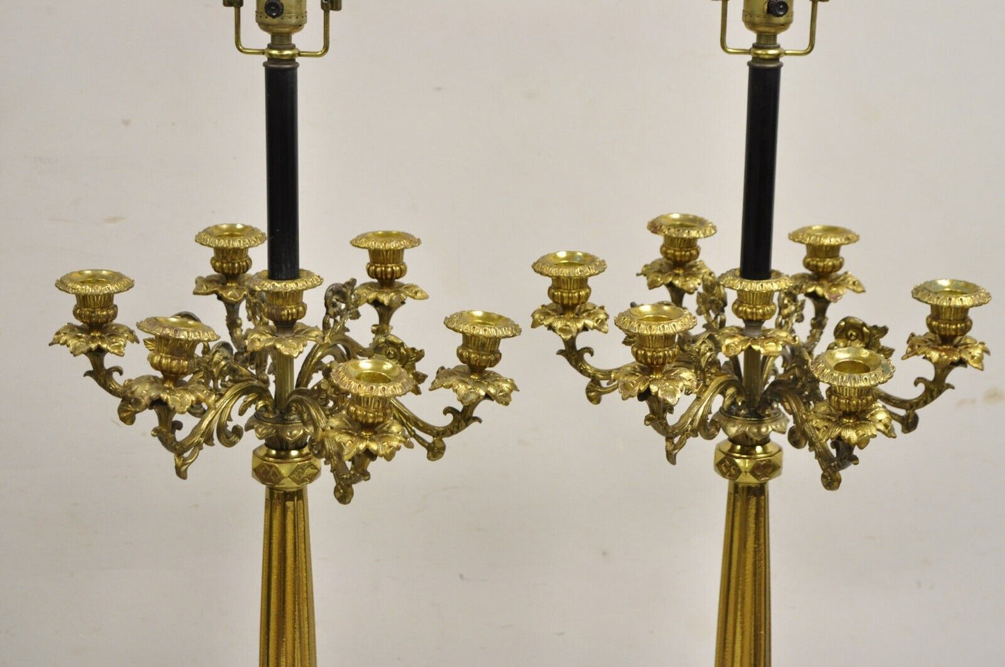 Antique Gothic French Empire Renaissance Bronze Candelabra Table Lamps - a Pair