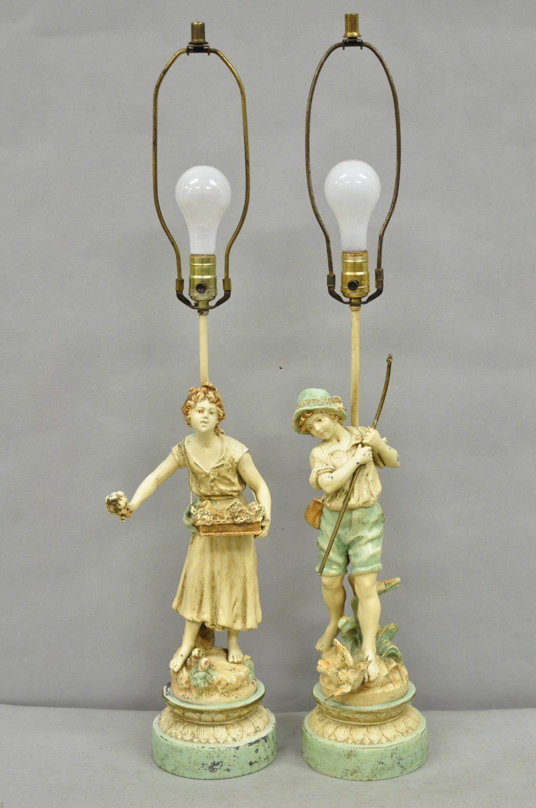 Vintage French Renaissance Moreau Metal Boy and Girl Figural Table Lamp - a Pair