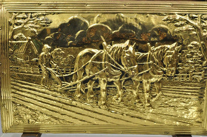 English Colonial Embossed Brass Farmer Horse-Drawn Plow Magazine Rack Holder