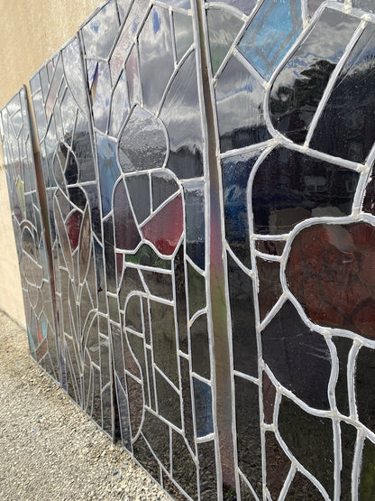 Vintage Art Deco Blue & Red Leaded Stained Glass Church Window w/ Cross - 6 Pcs