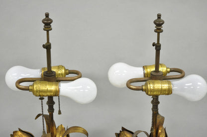 Vintage Italian Hollywood Regency Gold Gilt Iron Flower Bouquet Table Lamps Pair