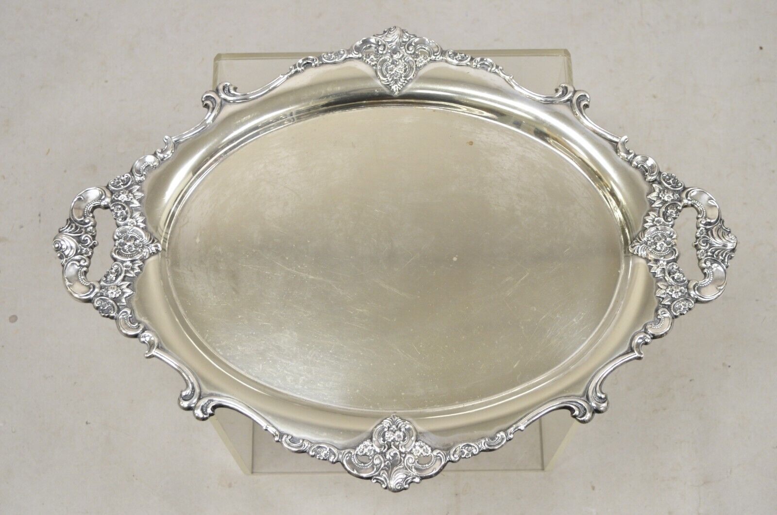 Vintage Miyata English Victorian Silver Plated Oval Floral Repousse Platter Tray