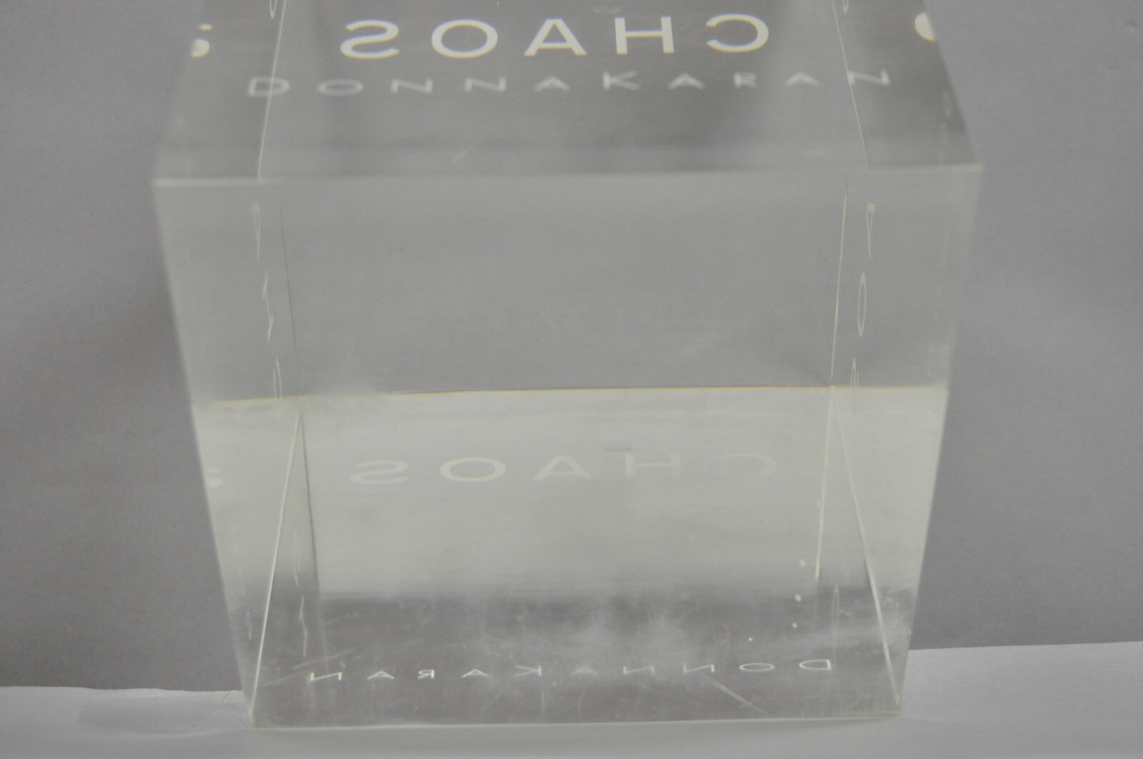 Donna Karan "Chaos" Heavy Acrylic Lucite Cube Perfume Retail Pedestal Display