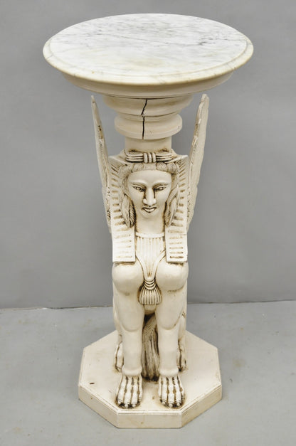 Vintage Egyptian Female Sphinx Round Marble Top Carved Wood Pedestal Plant Stand