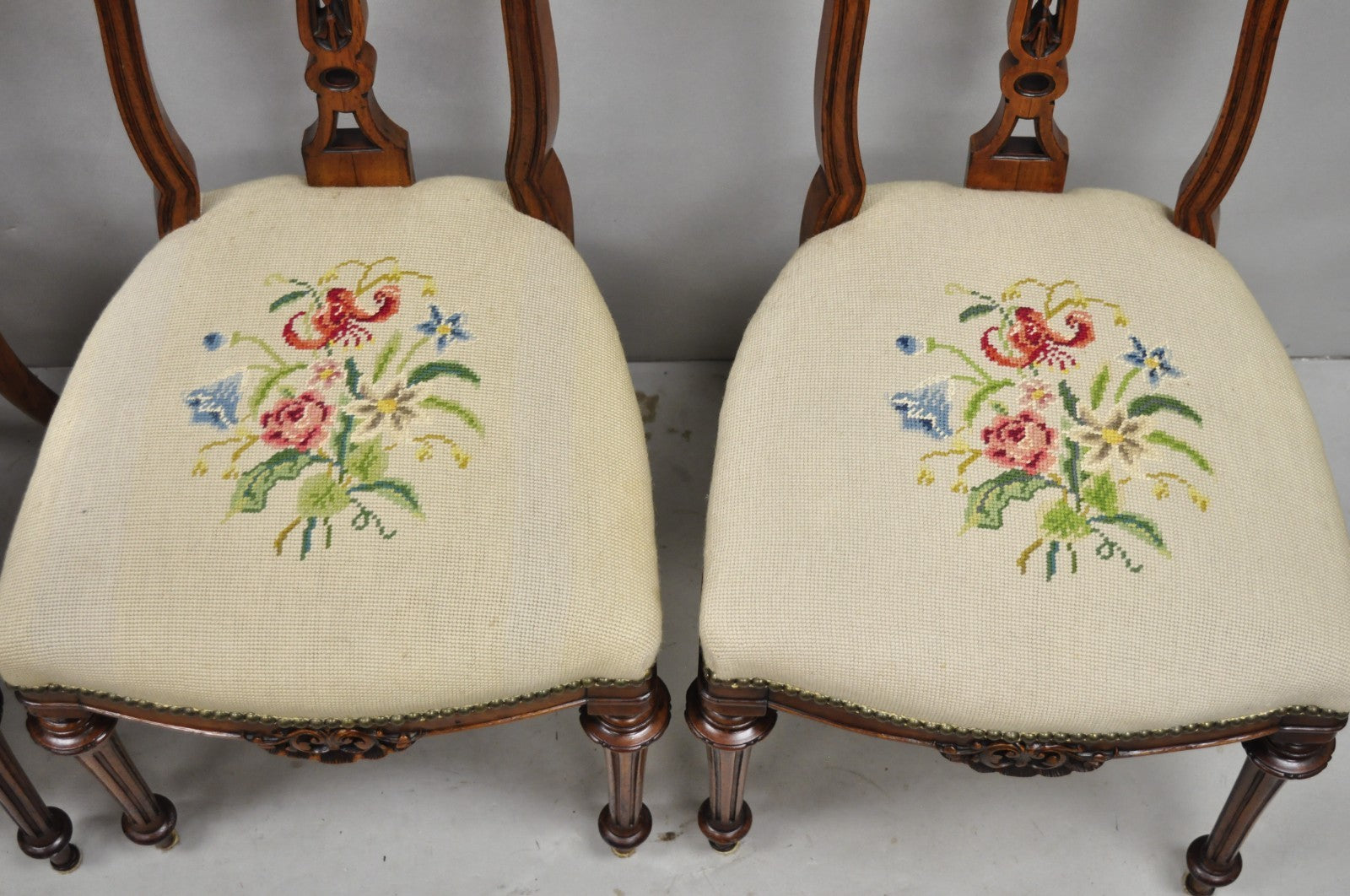 Antique Victorian Carved Walnut French Tapestry Parlor Side Chairs - Set of 4