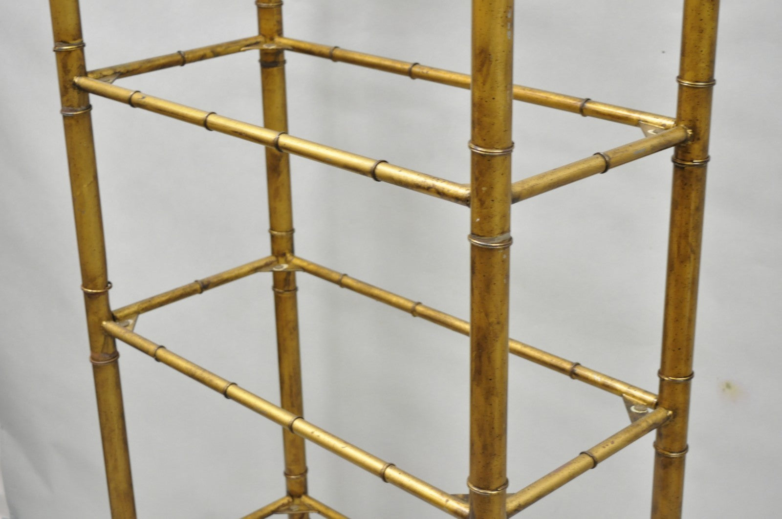 Vintage Hollywood Regency Gold Gilt Iron Metal Faux Bamboo Etagere Bookcase