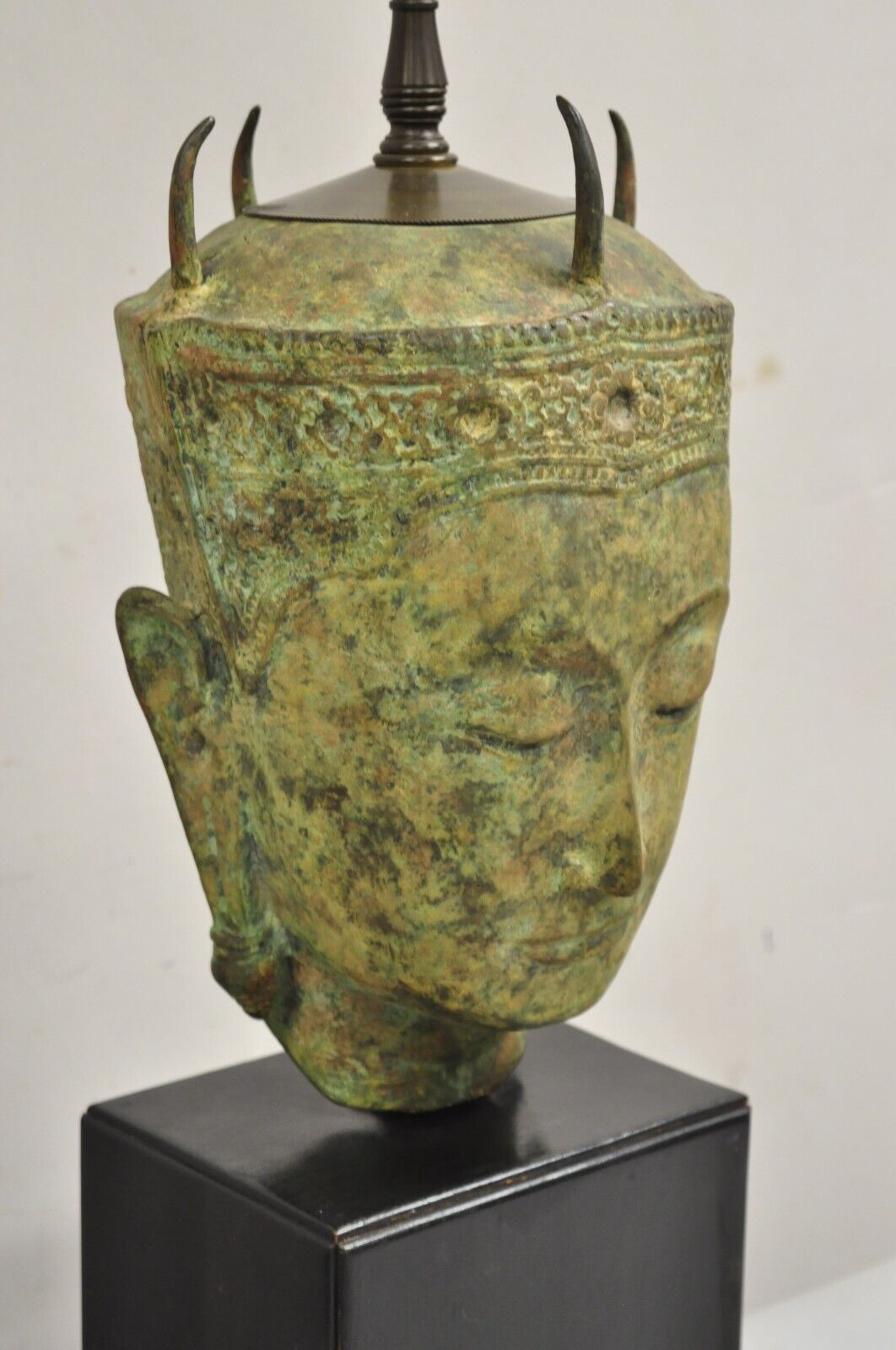 Vintage Thanh Le Vietnam Verdigris Bronze Siamese Buddha Bust Head Table Lamp