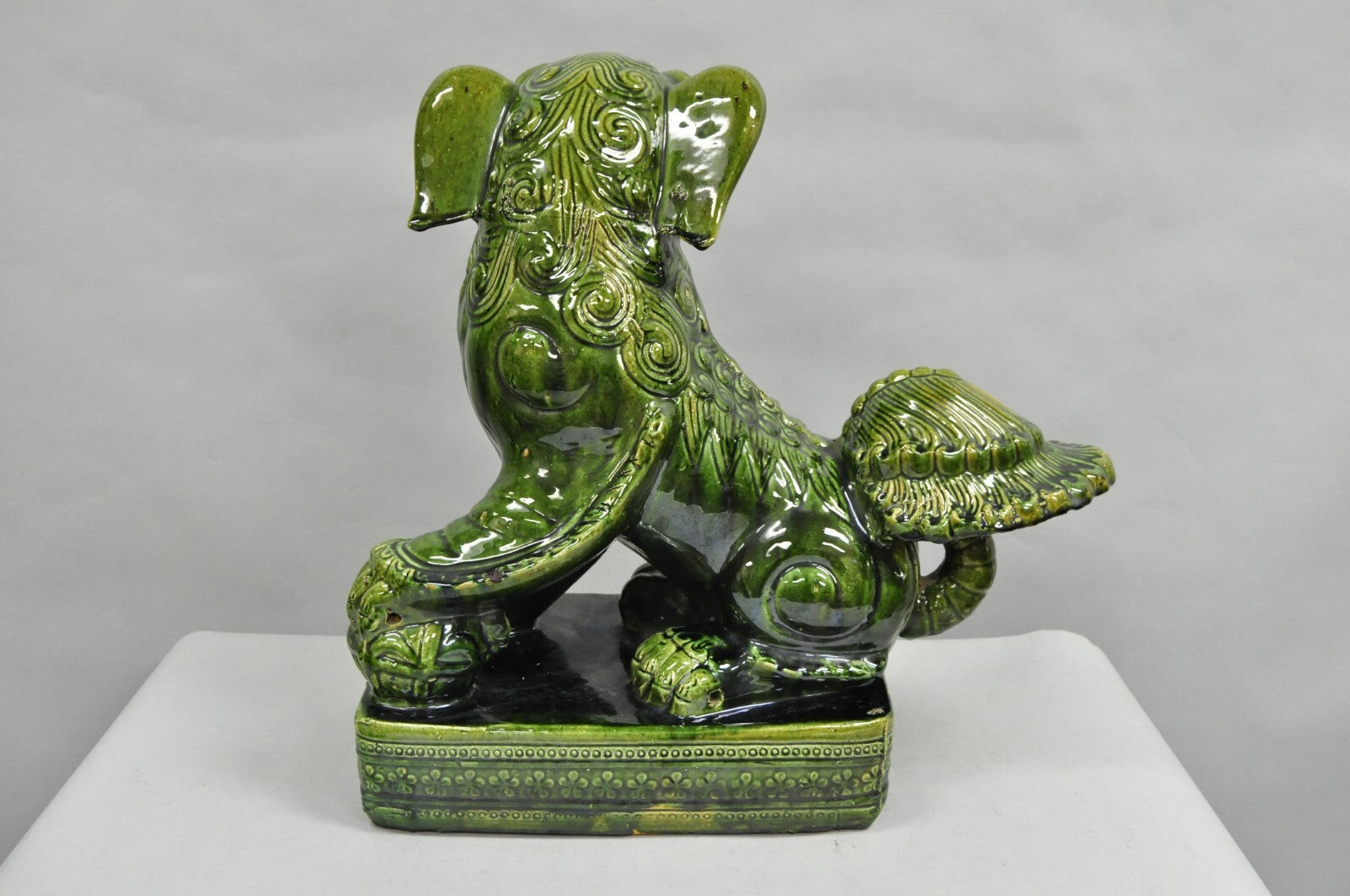 Vintage Chinoiserie Green Majolica Glazed Ceramic 22" Chinese Foo Dog Statue