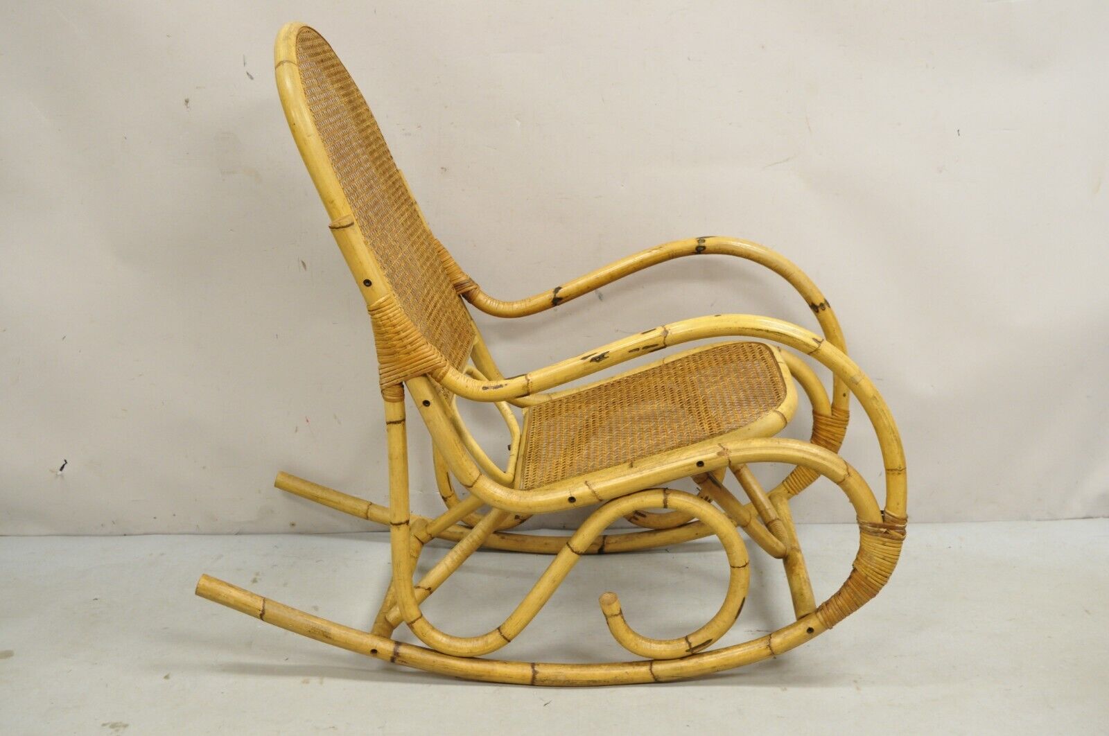 Vintage Mid Century Modern Bentwood Bamboo Rattan Cane Rocking Chair Rocker