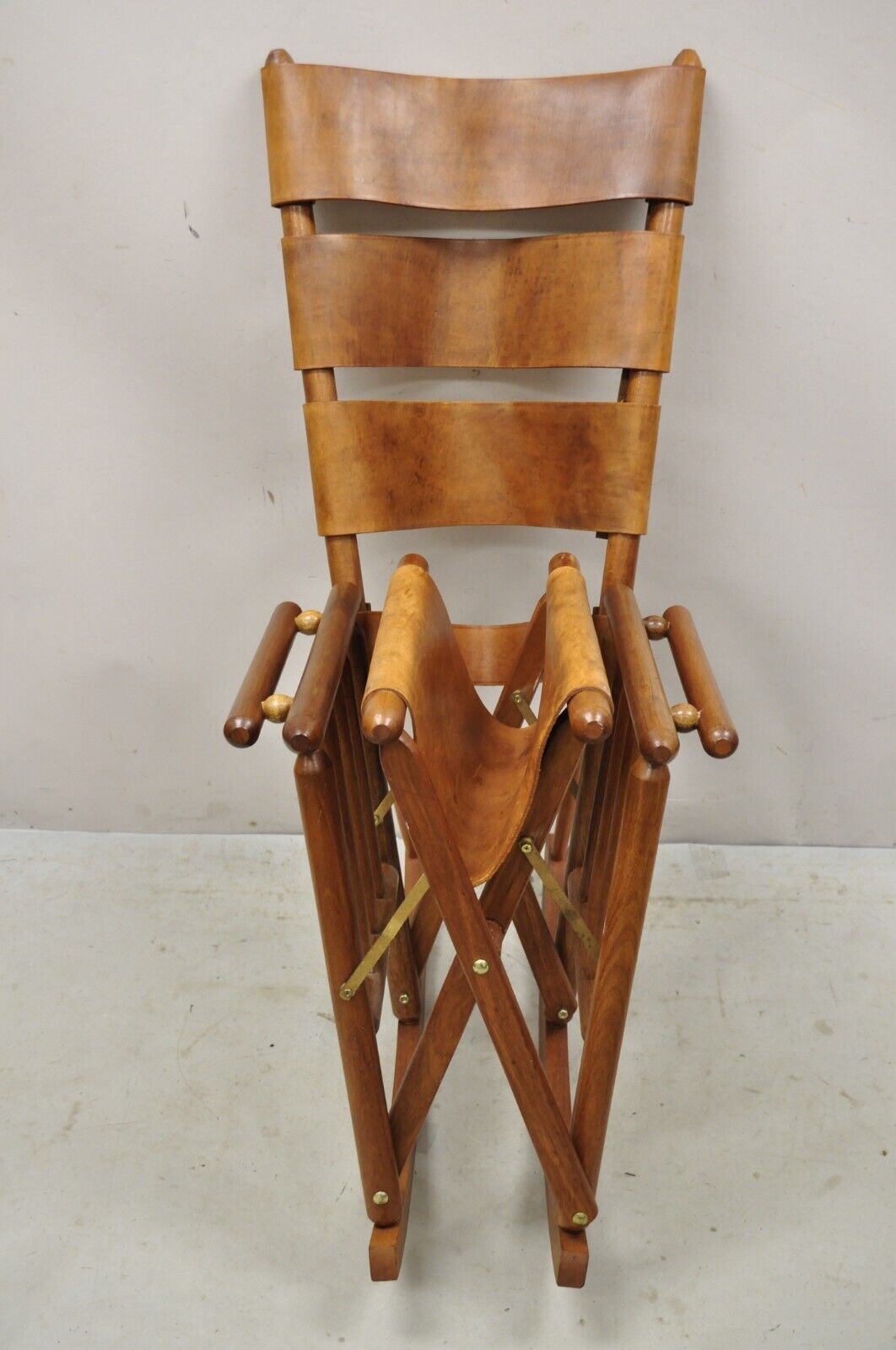 Costa Rican Campaign Style Teak Brown Leather Folding Rocker Rocking Chair