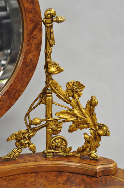 Antique French Louis XVI Burlwood Kidney Shaped Vanity Dressing Table w/ Mirror