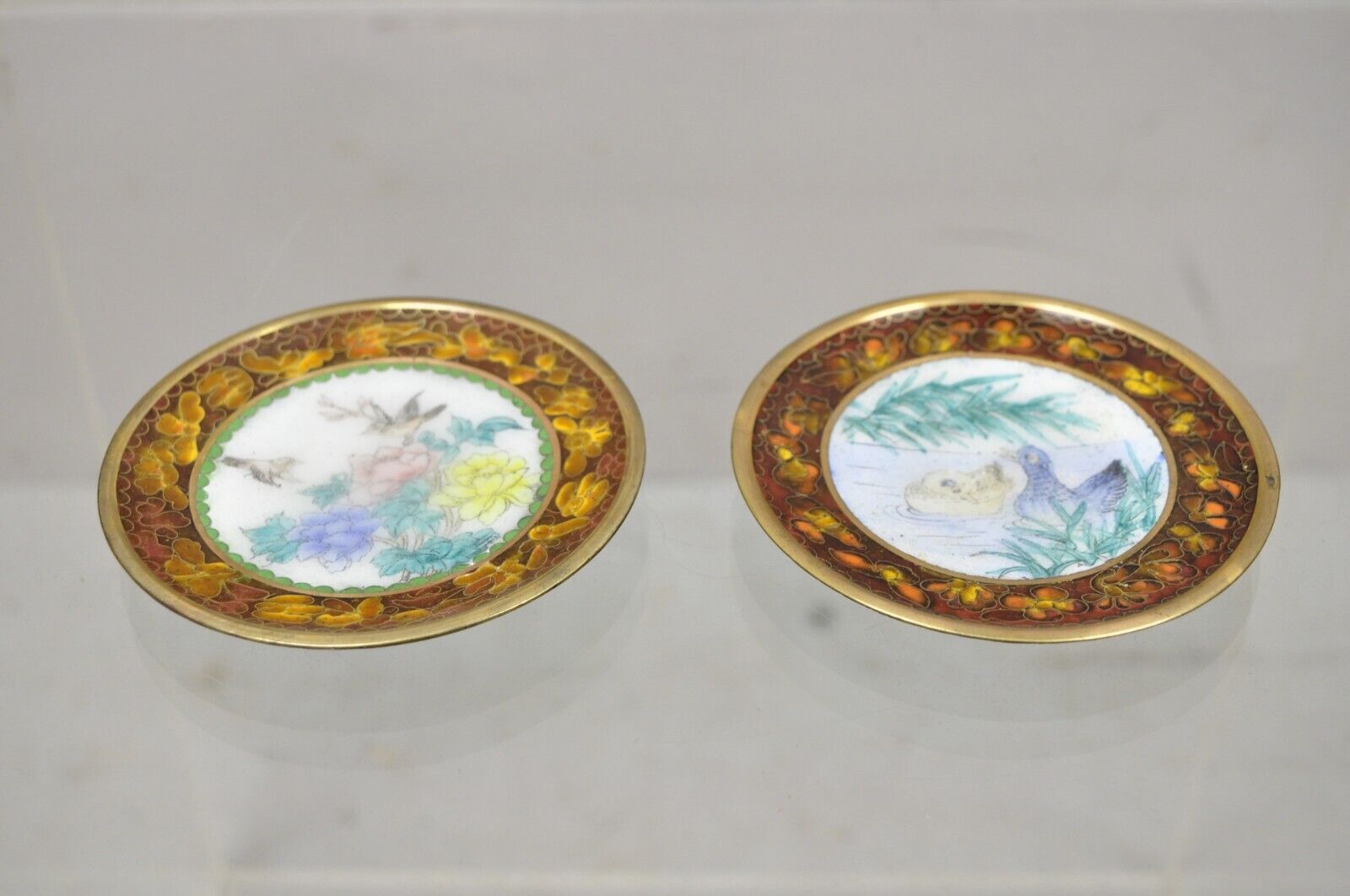 Vintage Brass Enamel Cloisonne Small Trinket Dish Set - Brown