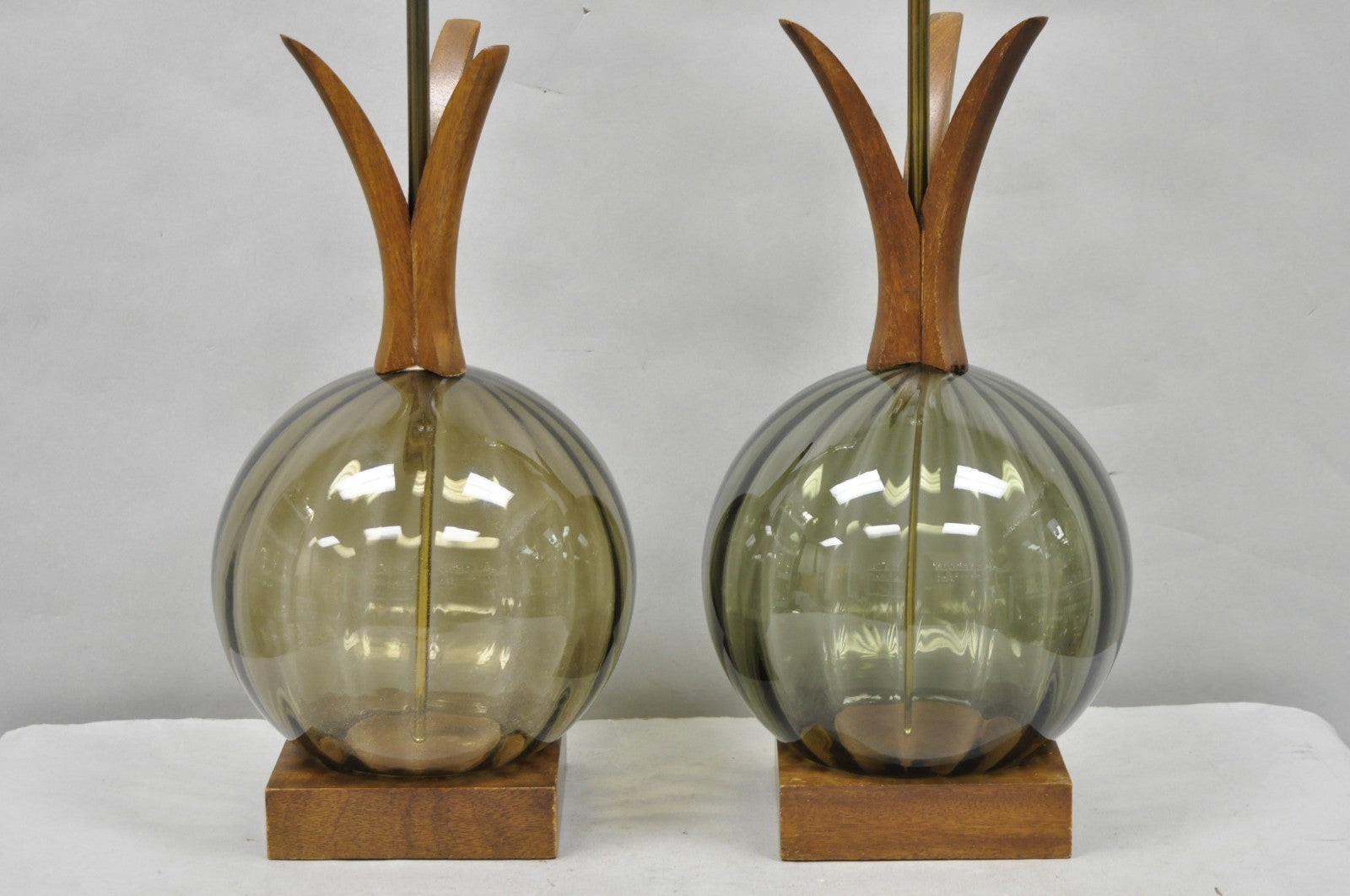 Vintage Mid Century Modern Ribbed Smoked Glass Orb Pineapple Table Lamps - Pair