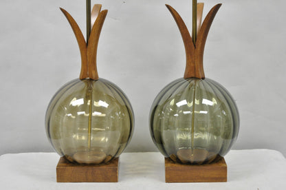 Vintage Mid Century Modern Ribbed Smoked Glass Orb Pineapple Table Lamps - Pair