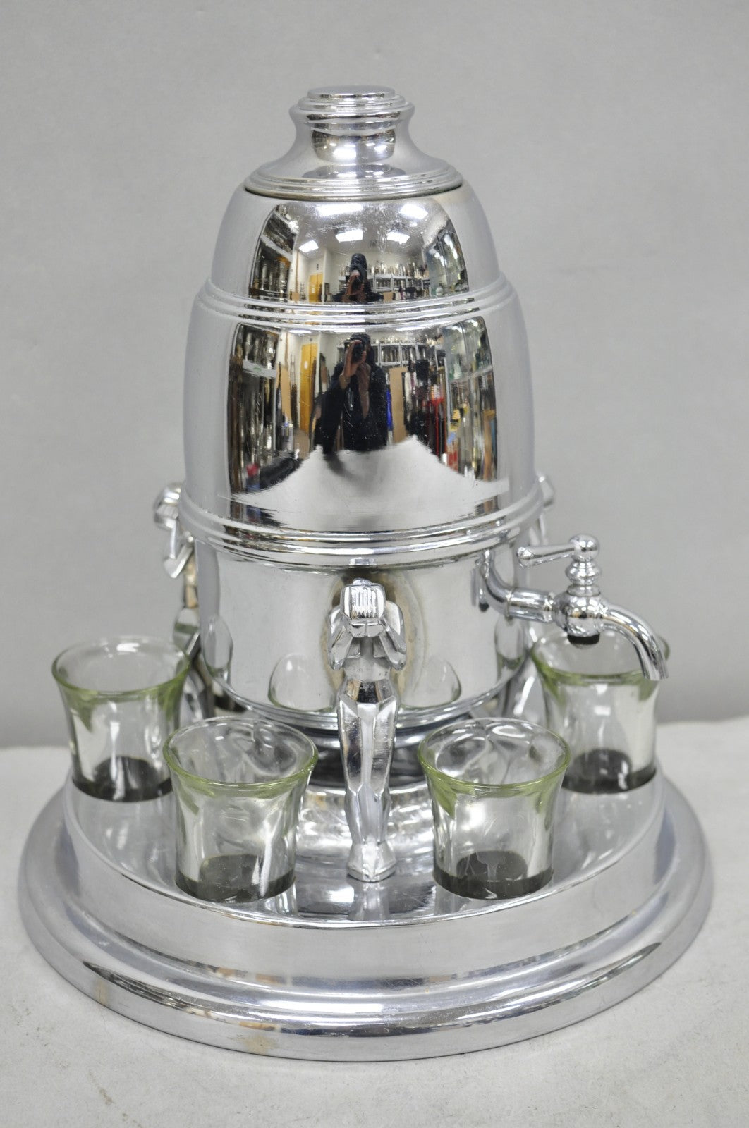 Vintage Art Deco Figural Chrome Metal Barware Samovar Decanter w/ Shot Glasses