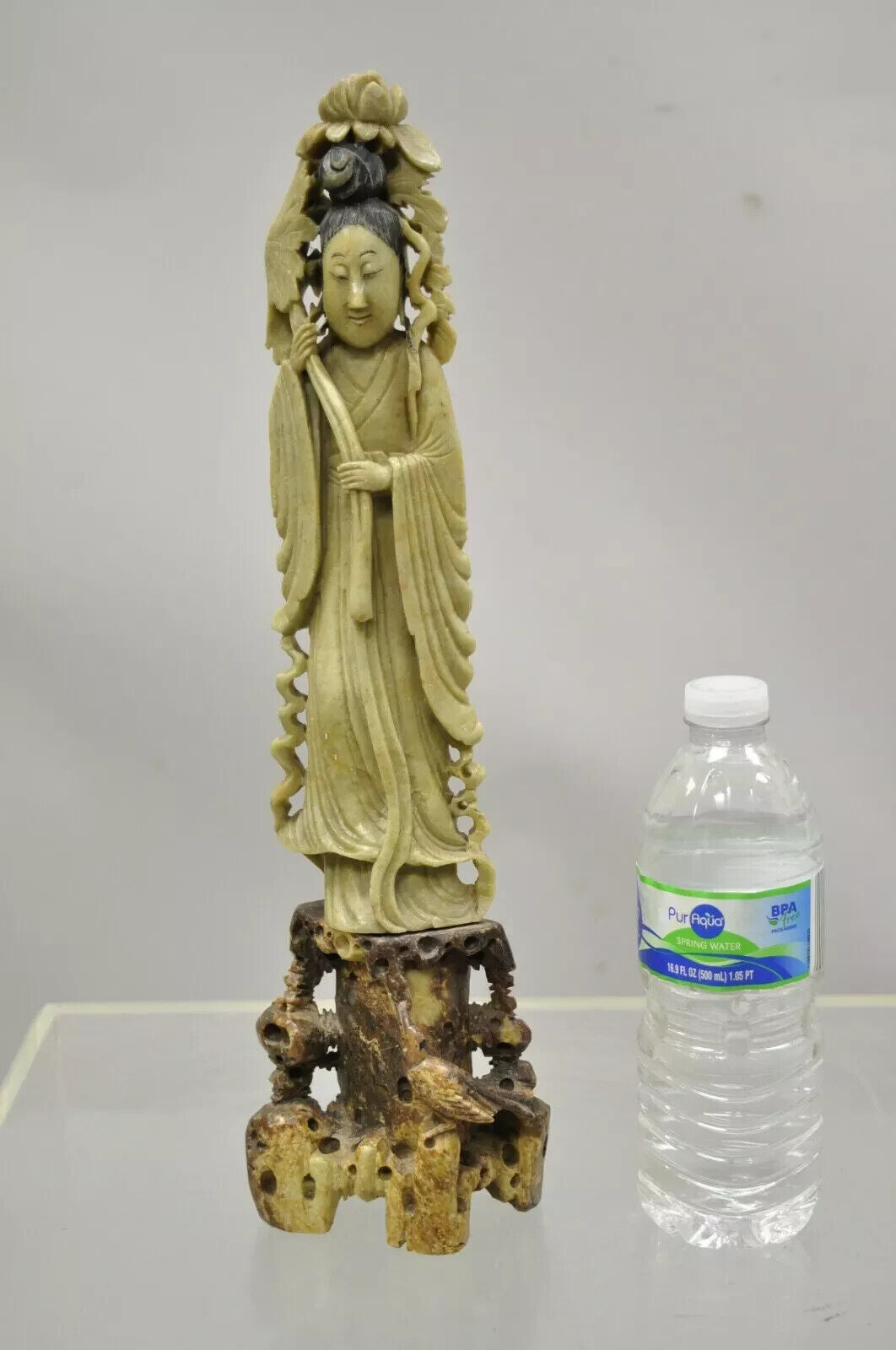 Chinese Carved Soapstone Guanyin Kwan Yin 15" Tall Figurine Statue Sculpture