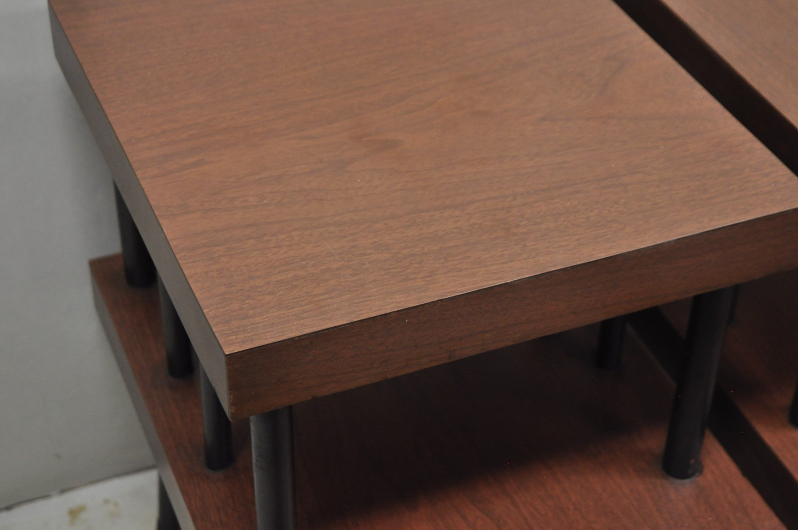 Vintage Mid Century Modern Two Tier Step Walnut Laminate Spindle End Table, Pair