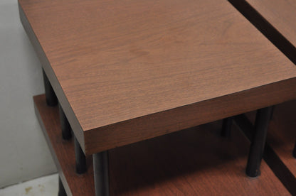 Vintage Mid Century Modern Two Tier Step Walnut Laminate Spindle End Table, Pair