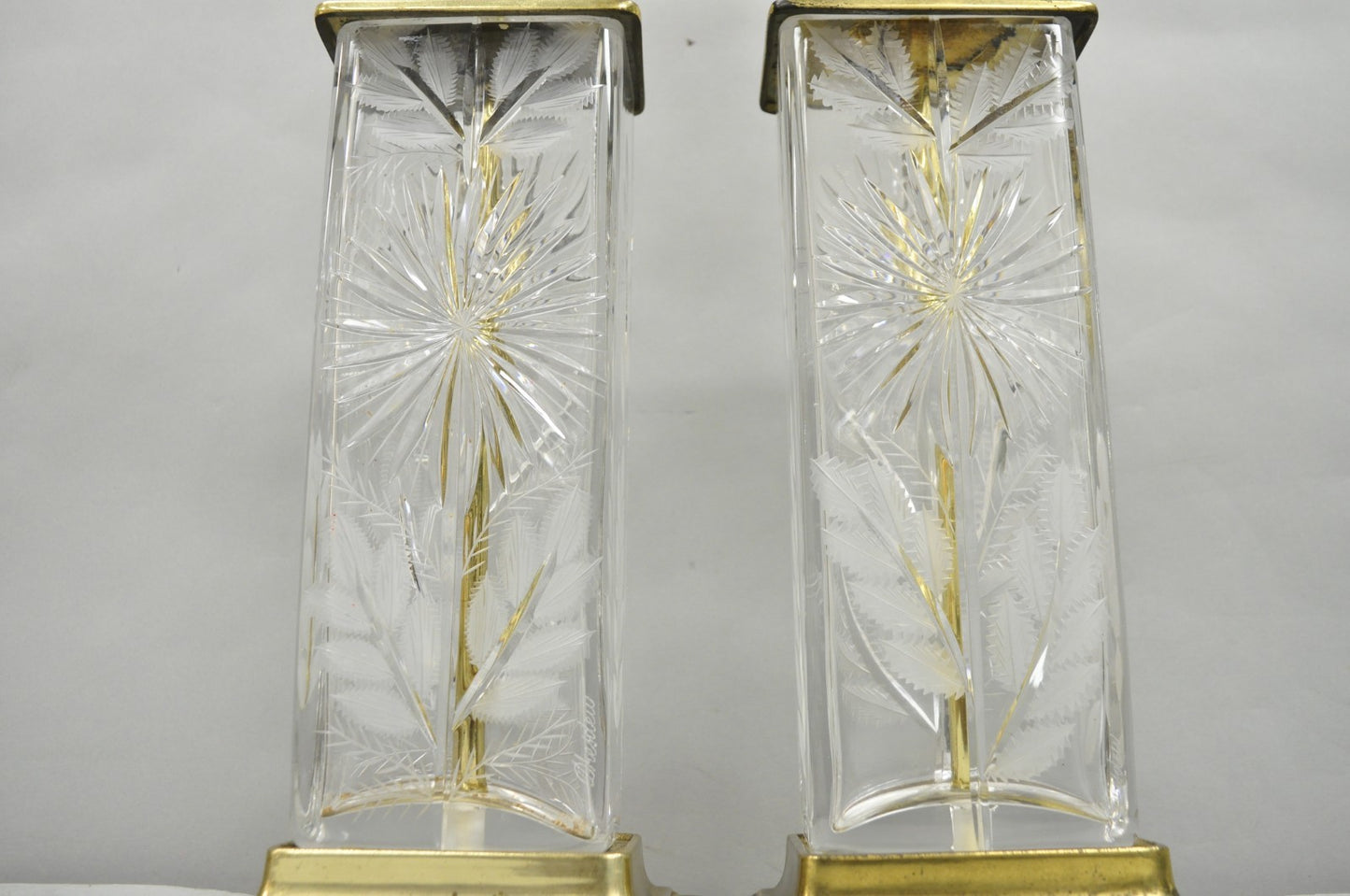 Vintage Dresden Victorian Cut Crystal Glass Flower Brass Table Lamps - a Pair