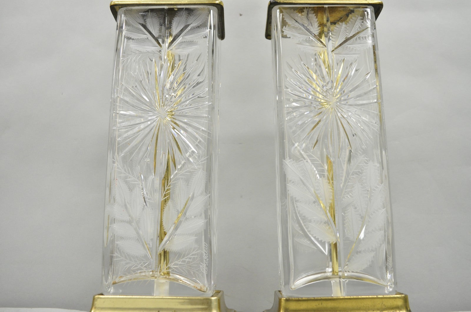 Vintage Dresden Victorian Cut Crystal Glass Flower Brass Table Lamps - a Pair