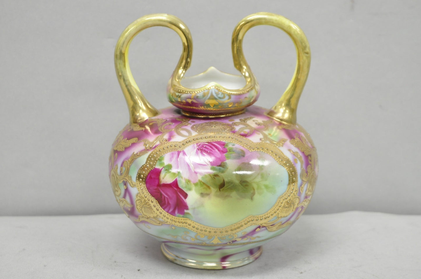 Antique Austrian Hand Painted Moriage Porcelain Double Swung Handle Bulbous Vase