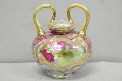 Antique Austrian Hand Painted Moriage Porcelain Double Swung Handle Bulbous Vase