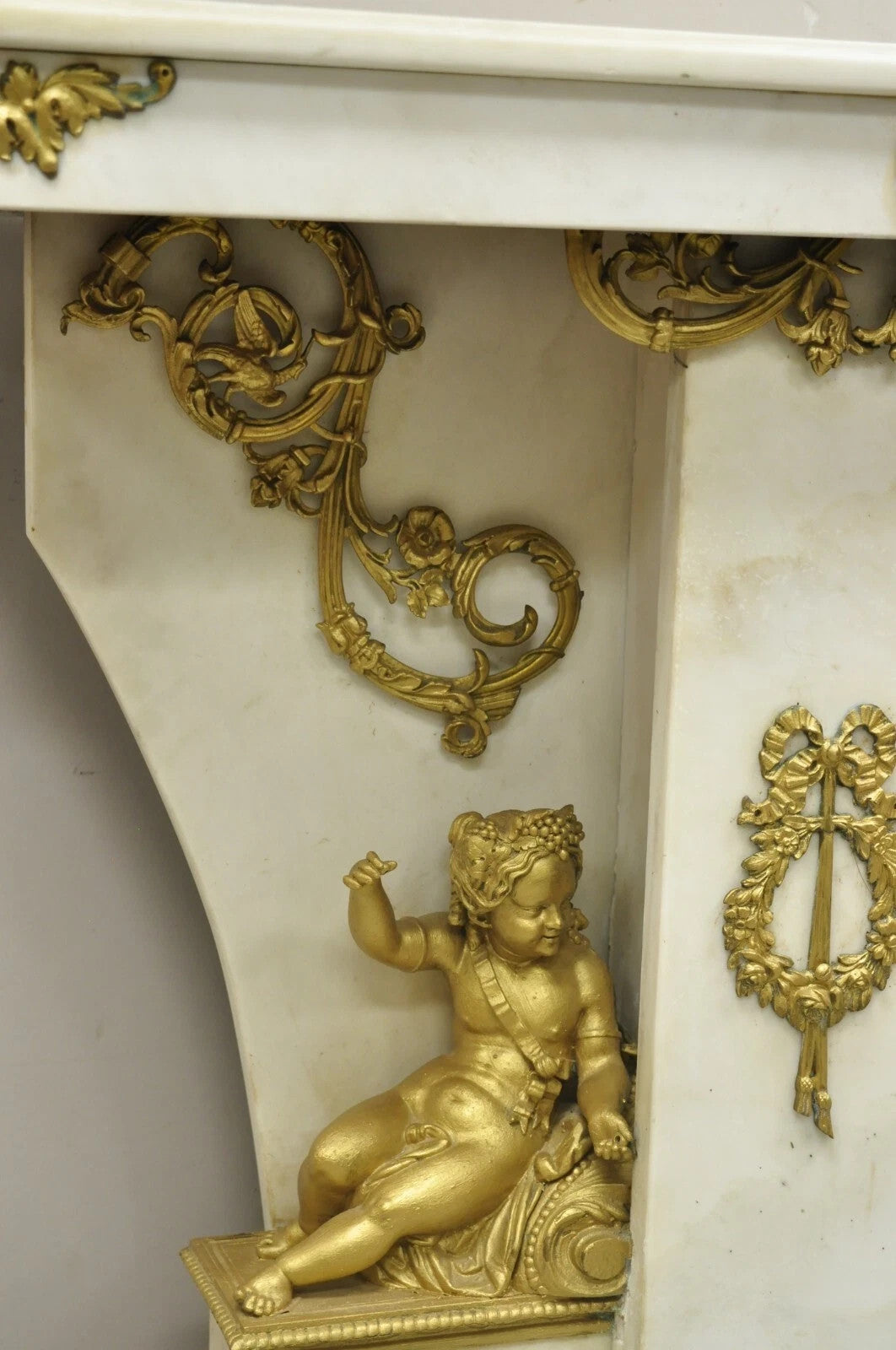 French Louis XV Style Marble & Figural Bronze Ormolu Console Table w/ Cherubs