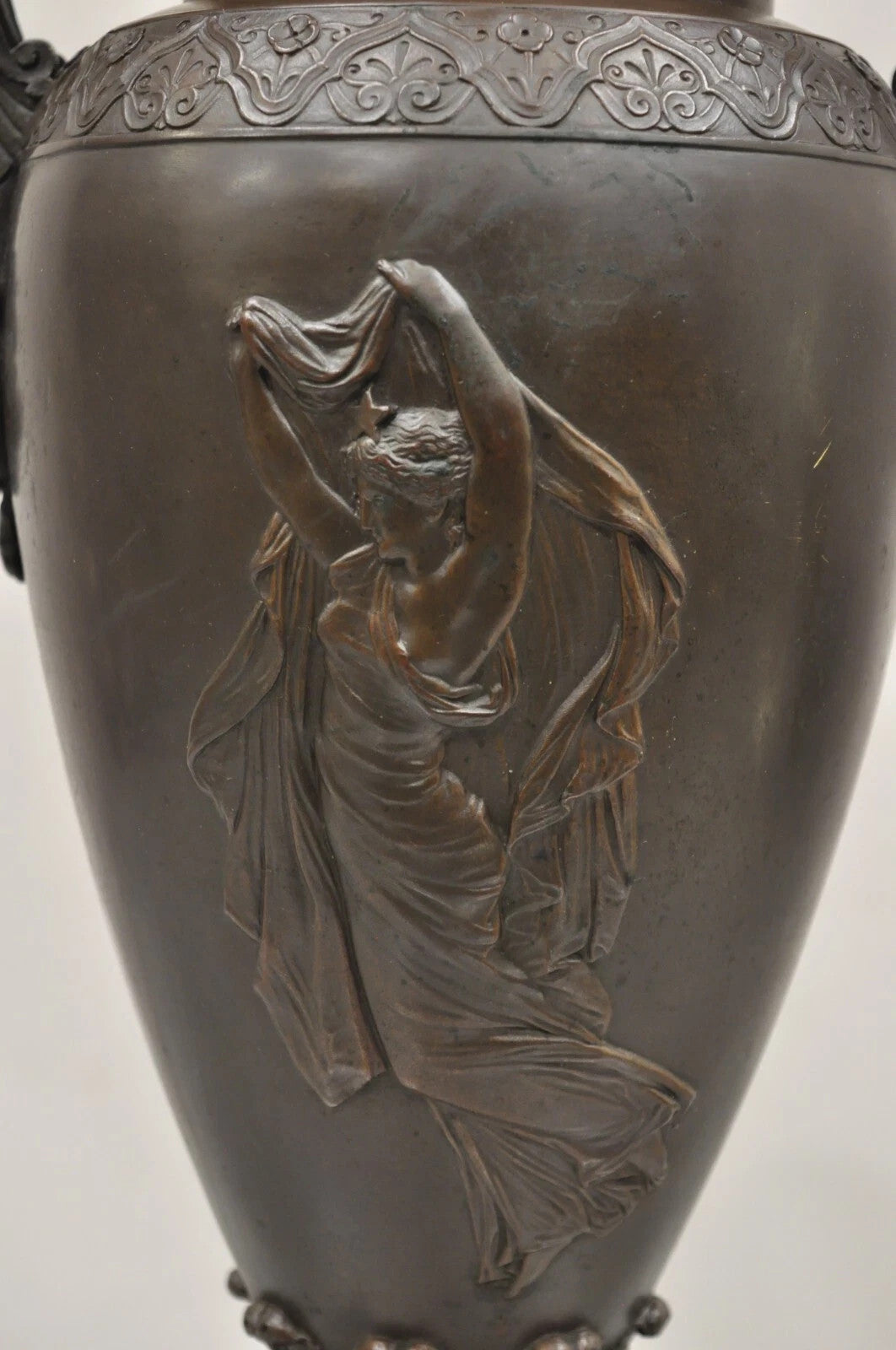 19th C Alfred Daubree French Neoclassical Bronze Figural Urn Vase with Lions