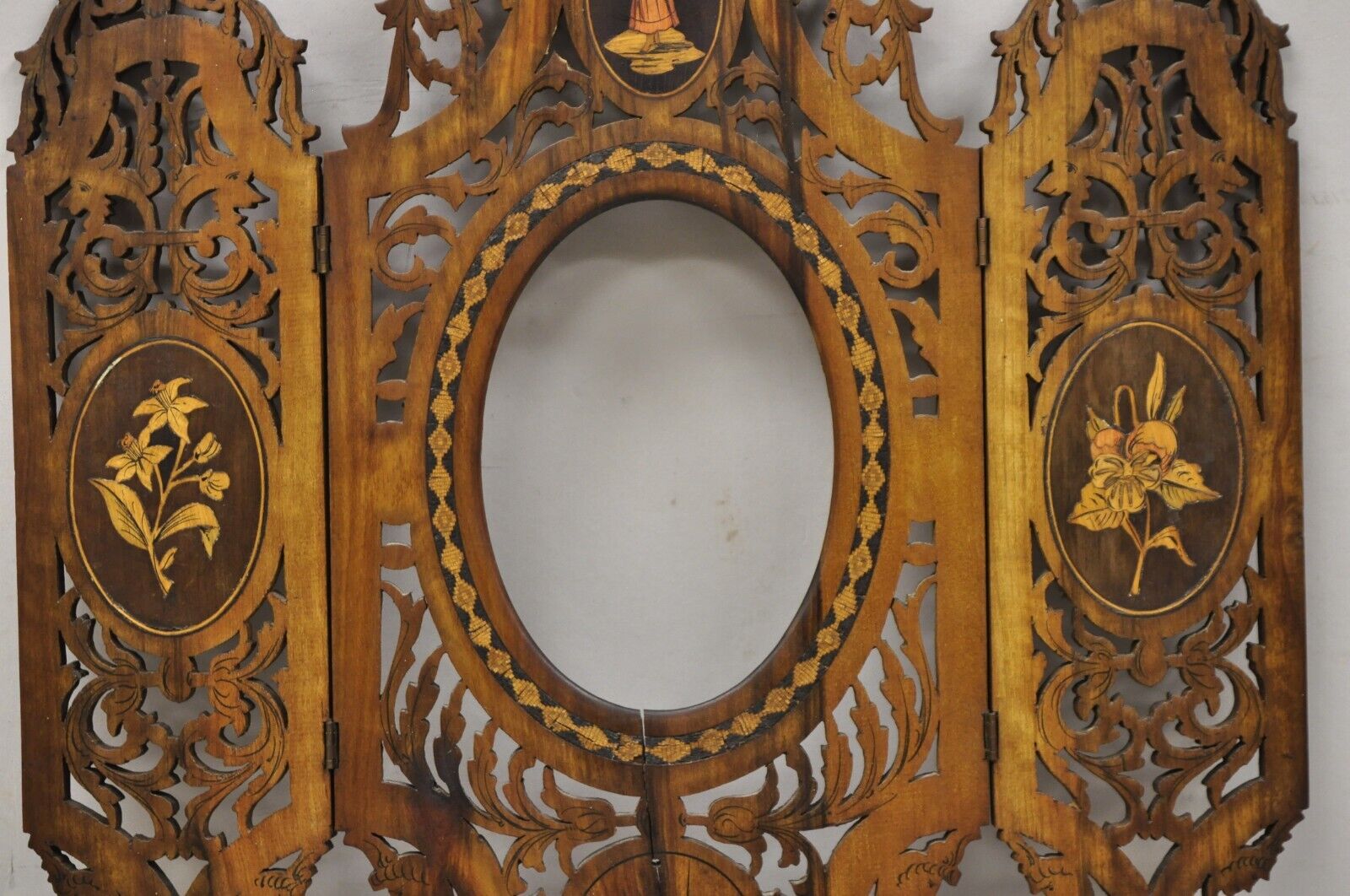 19th C Italian Sorrento Triptych Folding Inlaid Travel Mirror Easel Stand