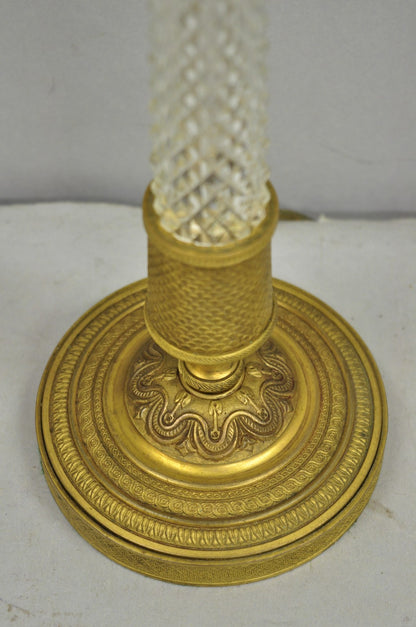 Antique French Empire Gilt Bronze Crystal Column Small Candlestick Table Lamp