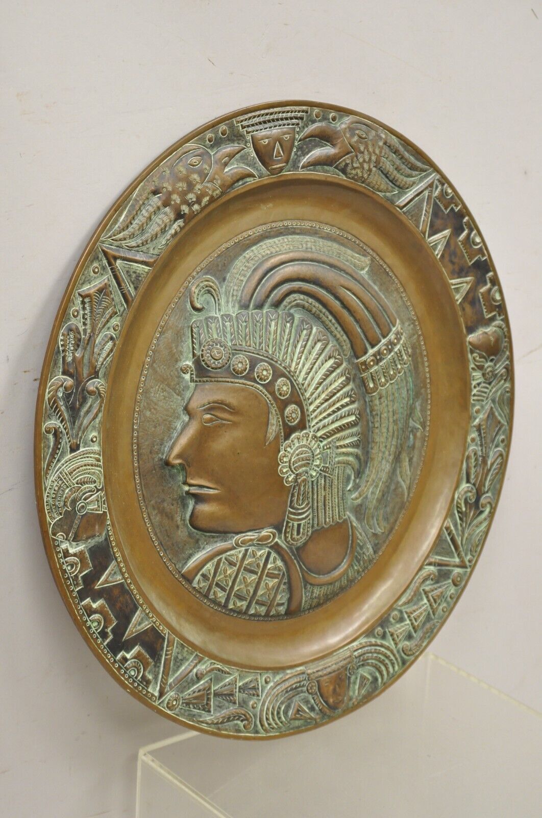 Vtg Copper Relief Figural Mexican Aztec Warrior Large Wall Plaque Charger Tray