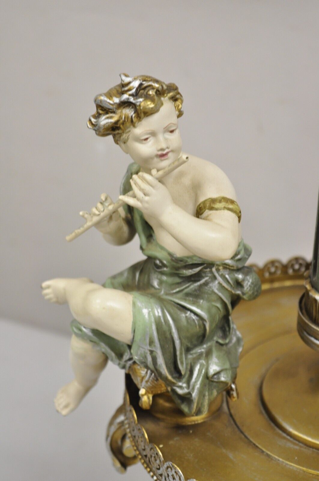 Vintage French Victorian Renaissance Figural Cherub Musician Metal Table Lamp